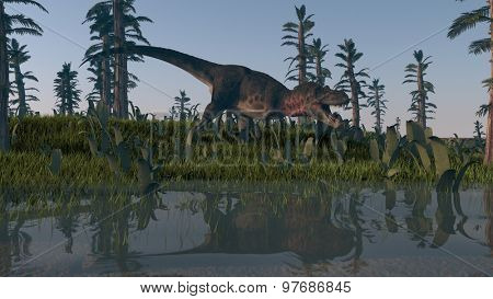 tarbosaurus roaring on shore