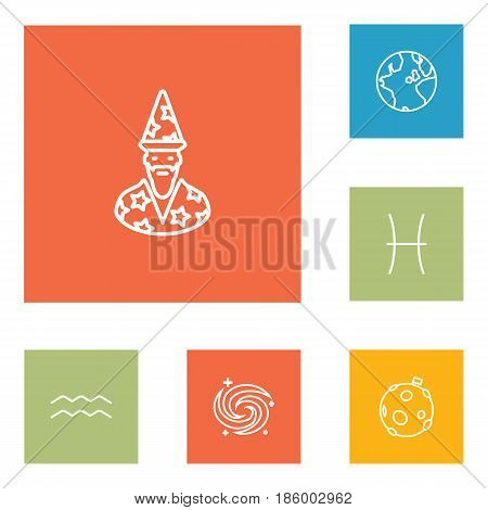 Set Of 6 Astrology Outline Icons Set.Collection Of Moon, Pisces, Galaxy And Other Elements.