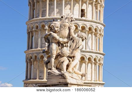 A pigeon sitting on the head of one of the opa cherubs in front of the Leaning Tower in Pisa, Tuscany, Italy