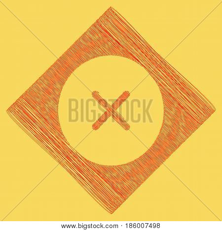 Cross sign illustration. Vector. Red scribble icon obtained as a result of subtraction rhomb and path. Royal yellow background.