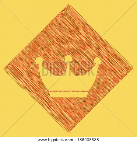 King crown sign. Vector. Red scribble icon obtained as a result of subtraction rhomb and path. Royal yellow background.