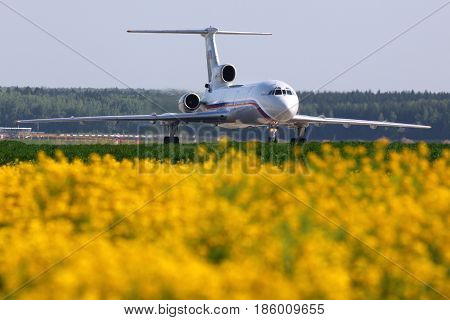 DOMODEDOVO, MOSCOW REGION, RUSSIA - MAY 31 2012: Tupolev Tu-154B-2 RA-85554 of russian air force taxiing at Domodedovo international airport.