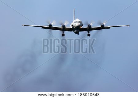 KUBINKA, MOSCOW REGION, RUSSIA - JUNE 3, 2011: Ilyushin IL-20 of russian air force landing at Kubinka air force base.