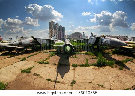 KHODYNSKOE POLE, MOSCOW, RUSSIA - JUNE 24, 2011: Various old airplanes standing at closed airport.