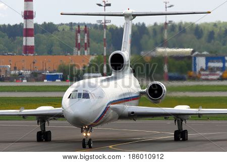 SHEREMETYEVO, MOSCOW REGION, RUSSIA - MAY 28 2012: Tupolev Tu-154B-2 RA-85554 of russian air force taxiing at Sheremetyevo international airport.