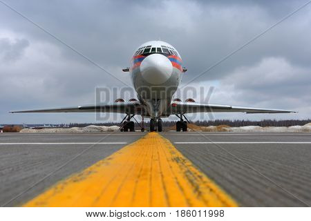 DOMODEDOVO, MOSCOW REGION, RUSSIA - APRIL 16 2011: Ilyushin IL-62M RA-86570 of Ministry of Emergency Situations of Russia at Domodedovo international airport.