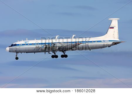 CHKALOVSKY, MOSCOW REGION, RUSSIA - MARCH 2, 2013: Ilyushin IL-22 RA-75902 of Russian Air Force landing at Chkalovsky.