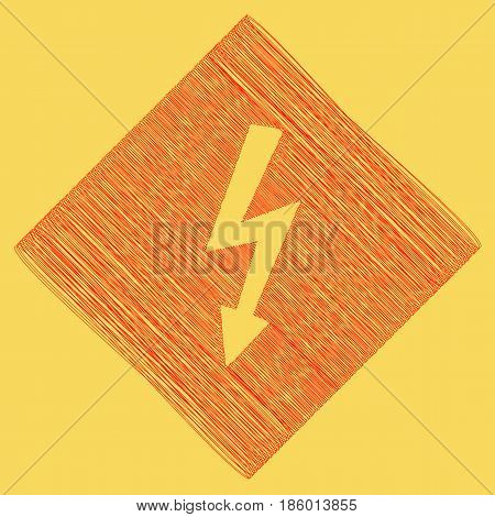 High voltage danger sign. Vector. Red scribble icon obtained as a result of subtraction rhomb and path. Royal yellow background.