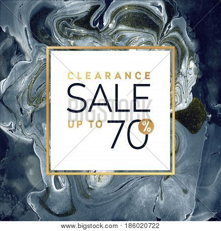 Clearance Sale Square Black and White Banner Template with Marble Texture on White Background. Gold Shimmer Vector Illustration