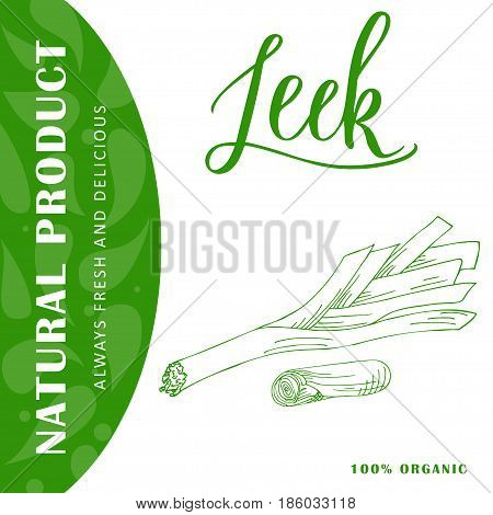 Vegetable food banner. Leek sketch Organic food poster. Vector illustration