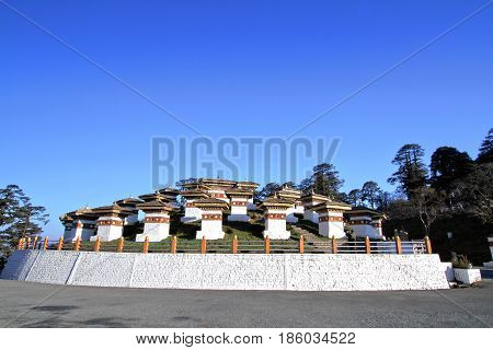 The 108 chortens (stupas) is the memorial in honour of the Bhutanese soldiers at Dochula Pass on the road from Thimphu to Punaka Bhutan