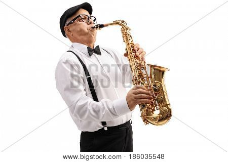 Mature jazz musician playing a saxophone isolated on white background