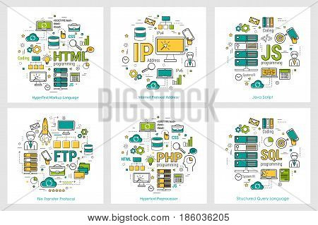 Vector linear concept of coding and programming languages. Round banners for web programming, html, js, php and sql technologies