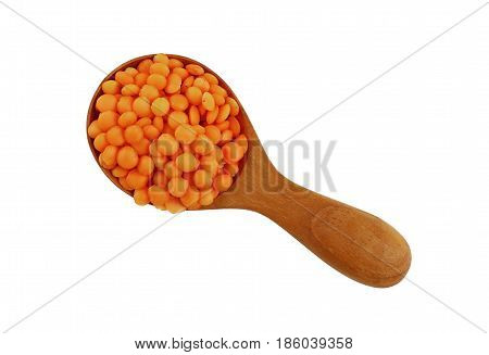 Orange Lentil Lens In Wooden Scoop On White