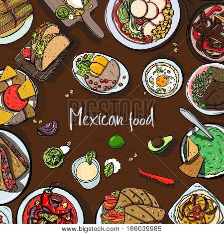 Square background with mexican food, traditional cuisine. Hand drawn colorful vector illustration with various dishes