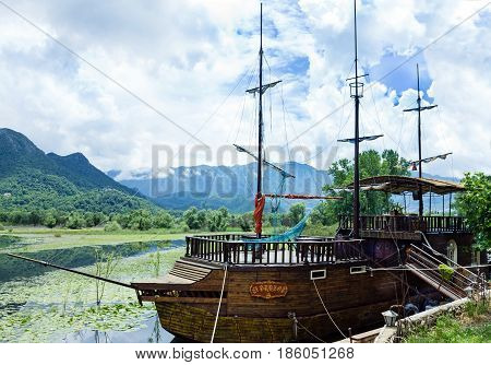 Virpazar, Montenegro - May 1, 2017: Vintage yacht - restaurant in Virpazar, Montenegro