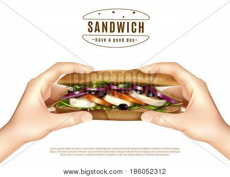 Healthy multi grain sandwich with mozzarella lettuce tomato onion in hands realistic advertisement white background poster vector illustration