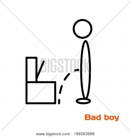 A simple linear vector image of a boy pissing past the toilet a flat line icon.