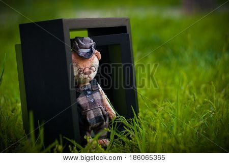 Little teddy bear with cute hat and umbrella