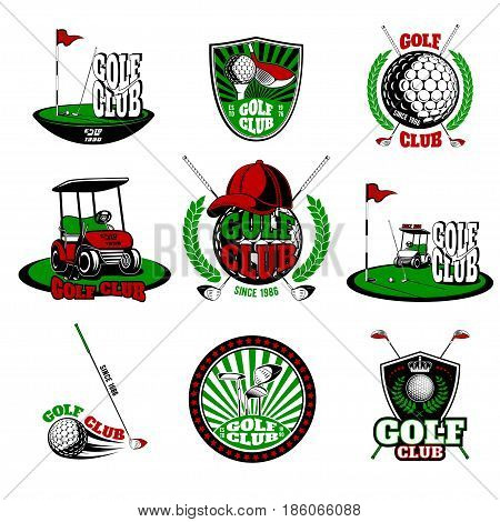 Vector set logos golf club with image of golf kara, golf clubs and ball, for design, different types of print, and use on the Internet.