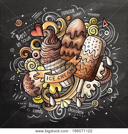 Ice Cream art cartoon vector doodle illustration. Chalkboard colorful detailed design with lot of objects and symbols. All elements separate