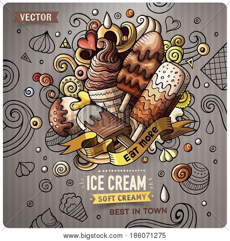 Ice Cream cartoon vector doodle illustration. Colorful detailed design with lot of objects and symbols. All elements separate