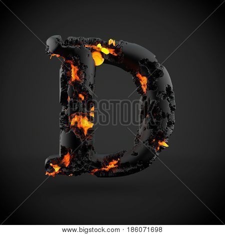 Volcanic alphabet letter D uppercase. 3D render of volcanic font with burning lava isolated on black background.