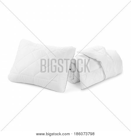 White Pillow And Soft Blanket Isolated On White Background. Bed Linen. Clipping Path