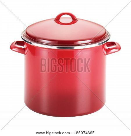 Red Enamel Coating Nonstick Stockpot With Lid Isolated On White Background. Cooking Pot And Pan
