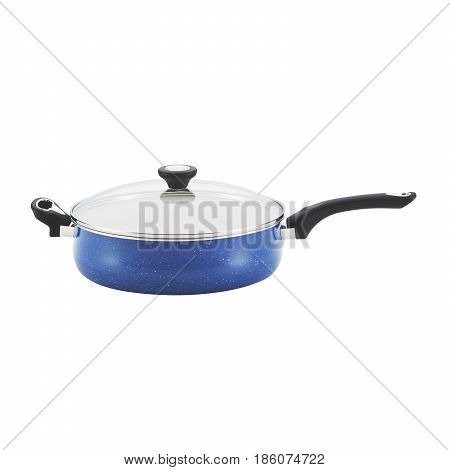 Blue Enamel Coating Nonstick Pan Or Cooker With Lid Isolated On White Background. Cooking Pot Or Dis