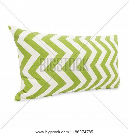 Green Chevron Bolster Pillow Isolated On White Background. Clipping Path
