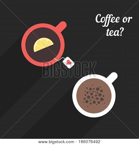 offee and tea with long shadow. concept of morning breakfast, arabica, chocolate, tea party or break, coffeehouse. isolated on black background. flat style trend modern design vector illustration
