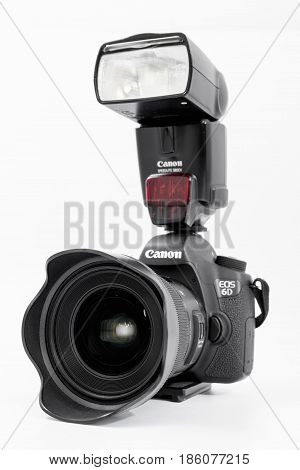 GOMEL BELARUS - May 12 2017: Canon 6d camera with lens on a white background. Canon is the world's largest SLR camera manufacturer