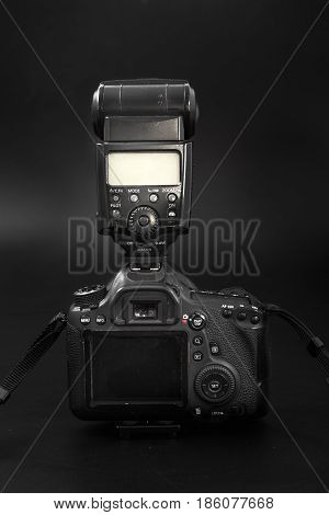 GOMEL BELARUS - May 12 2017: Canon 6d camera with lens on a black background. Canon is the world's largest SLR camera manufacturer