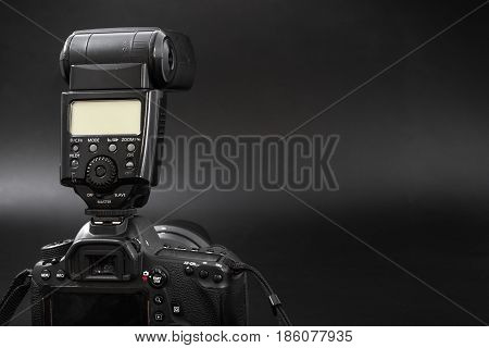 GOMEL BELARUS - May 12 2017: Canon 6d camera with lens on a black background. Canon is the world's largest SLR camera manufacturer