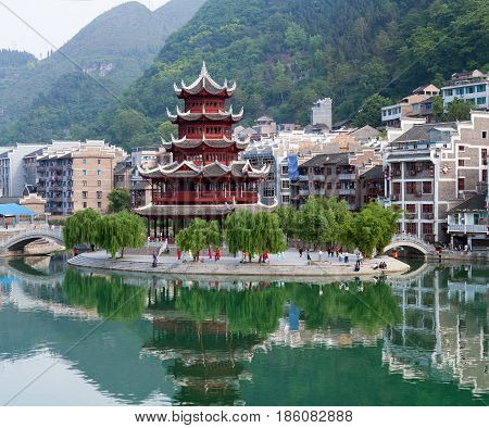 Ancient Pagoda In Zhenyuan Ancient Town On Wuyang River In Guizhou Province, China