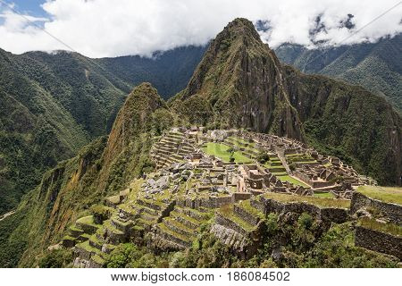 Beautiful panorama of Peru's Machu Picchu and inca village