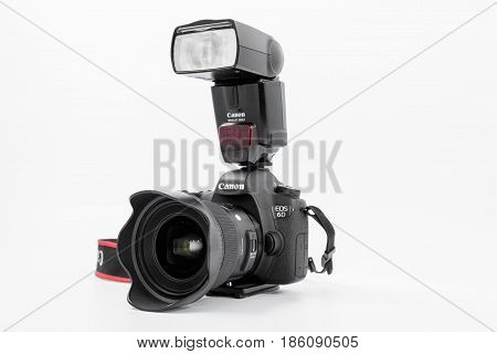 GOMEL BELARUS - May 12 2017: Canon 6d camera with lens on a white background. Canon is the world's largest SLR camera manufacturer