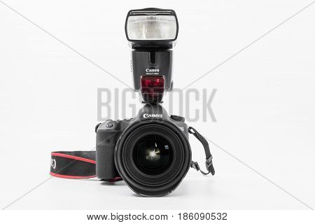 GOMEL BELARUS - May 12 2017: Canon 6d camera with lens on a white background. Canon is the world's largest SLR camera manufacturer