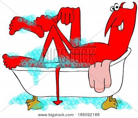 Illustration of a red devil soaking in a bubble bath.