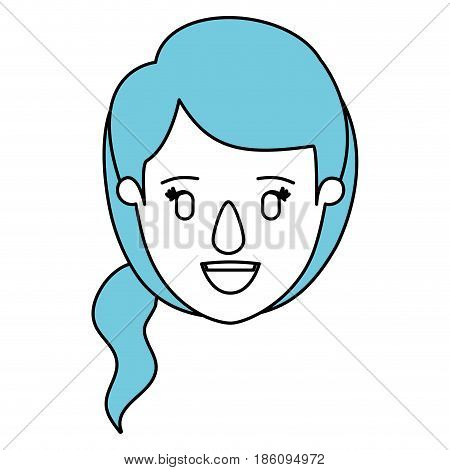 silhouette cartoon front view face closeup woman with blue side ponytail hair vector illustration