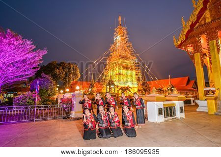 NAKORN PHANOM THAILAND - FEBRUARY 13 2015: Thai northeastern dance in Phutai world event day in Renunakorn of Nakorn Phanom Thailand.