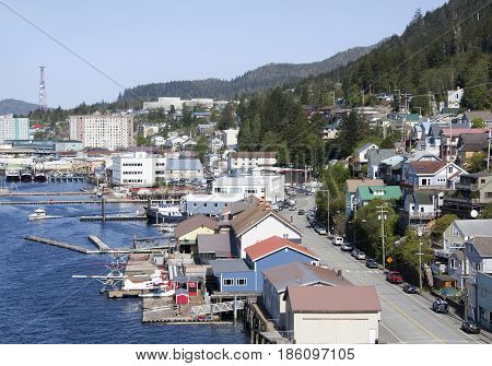 The view of Tongass Avenue in Ketchikan town (Alaska).