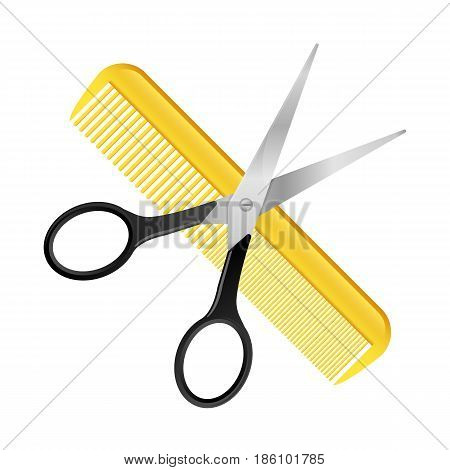 Crossed Scissors and Comb isolated on white barbershop hairdresser concept.