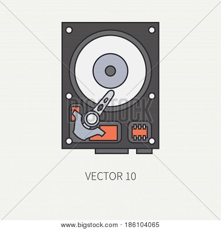 Line flat color vector computer part icon data storage hdd. Cartoon. Digital gaming and business office pc desktop device. Innovation gadget. Plate. Illustration and element for design, wallpaper.