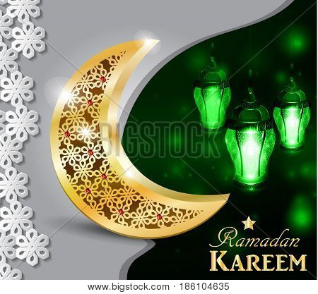 Ramadan greetings gold moon on a dark background with paper ornament and maroccan lanterns