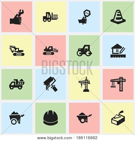 Set Of 16 Editable Construction Icons. Includes Symbols Such As Endurance, Elevator, Trolley And More. Can Be Used For Web, Mobile, UI And Infographic Design.