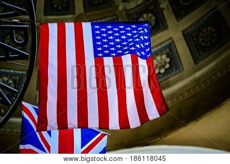 American flag with Union Jack on background