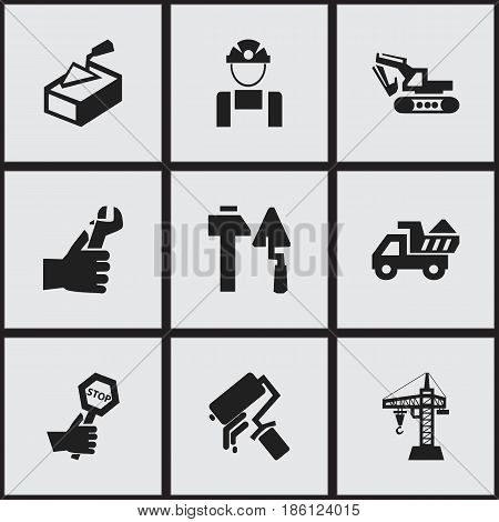 Set Of 9 Editable Building Icons. Includes Symbols Such As Scrub, Excavation Machine, Camion And More. Can Be Used For Web, Mobile, UI And Infographic Design.