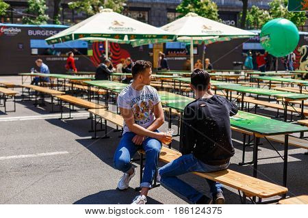Kyiv, Ukraine - May 12h, 2017: The central fan zone of Eurovision 2017 in Kiev. Guests and residents of the capital are happy and celebrating